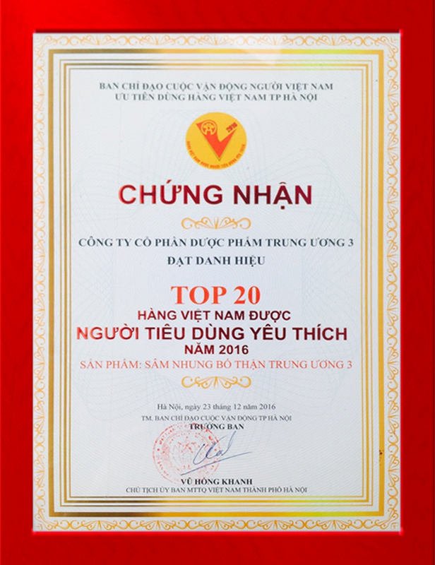 Thuốc Sâm nhung bổ thận TW3 đạt danh hiệu TOP 20 hàng Việt được yêu thích