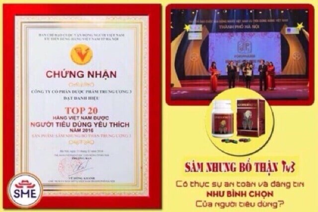 Sâm nhung bổ thận TW3 thuộc top 20 hàng Việt Nam được người tiêu dùng yêu thích
